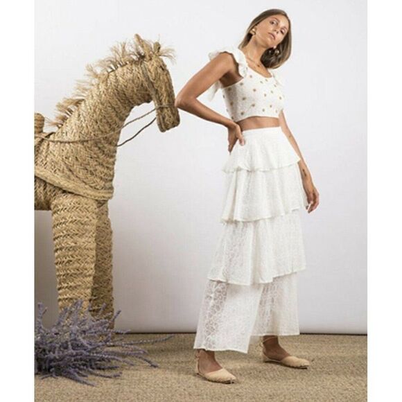NEW SUNDRESS Sz S ADRIA TIERED EYELET MAXI SKIRT IVORY - Picture 2 of 3